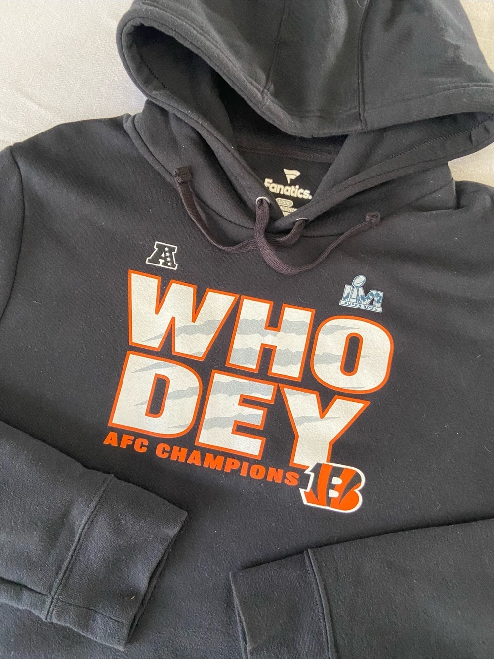 Fanatics Black Hoodie with white/orange “WHO DEY”